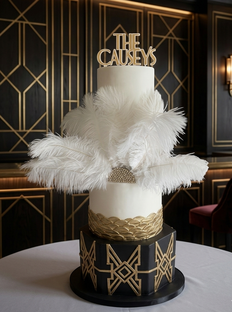 Finished three-tier Art Deco wedding cake by Thistleberry Cake Studio photographed at the venue, black fondant base with gold geometric line-work, gold scallop middle tier, white top tier with ostrich feather fan and custom THE CAUSEYS acrylic topper