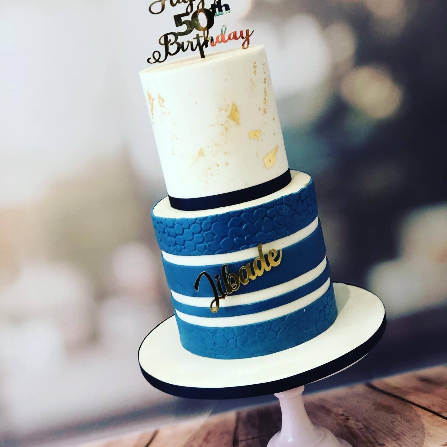 Blue, white & gold 50th birthday cake