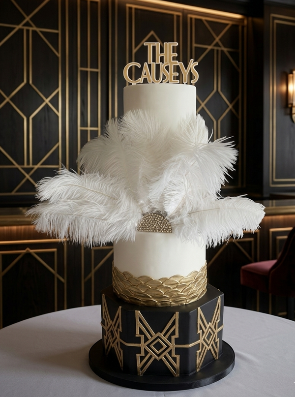 Finished three-tier Art Deco wedding cake by Thistleberry Cake Studio photographed at the venue, black fondant base with gold geometric line-work, gold scallop middle tier, white top tier with ostrich feather fan and custom THE CAUSEYS acrylic topper