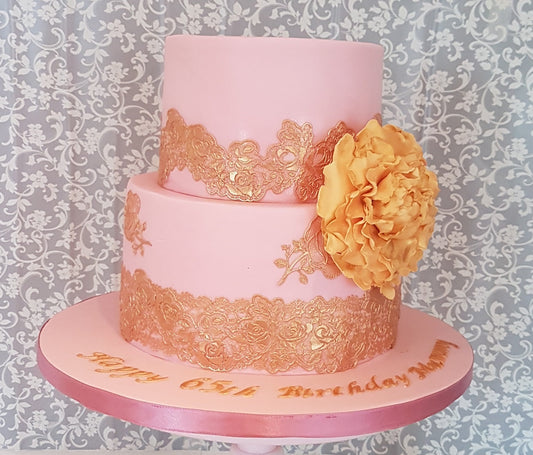 Pink and gold lace fondant cake