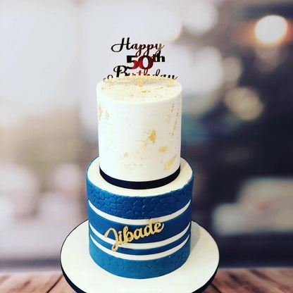 Blue, white & gold 50th birthday cake