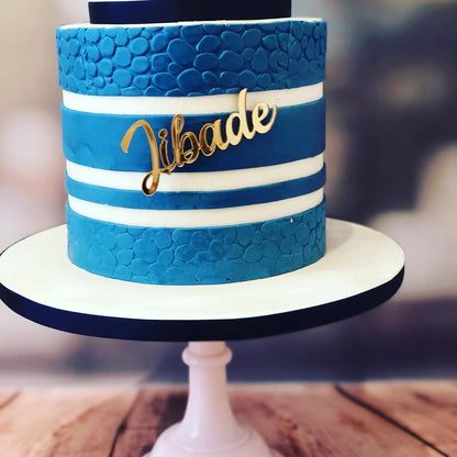 Blue, white & gold 50th birthday cake