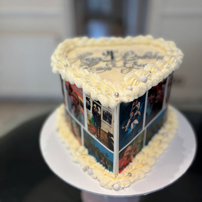 Heart-shaped cake with edible photos