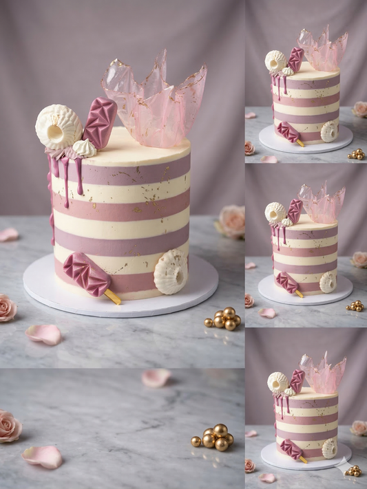 Delicate pink and white striped cake with decorative elements on a marble surface.