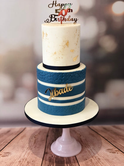 Blue, white & gold 50th birthday cake