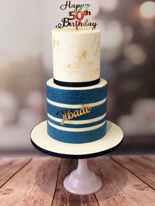 Blue, white & gold 50th birthday cake
