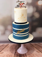 Blue, white & gold 50th birthday cake
