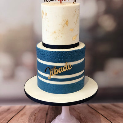 Blue, white & gold 50th birthday cake